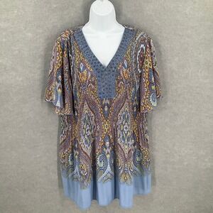 Catherines Top 1X Paisley Print Embellished V Neck Blouse Womens 18/20W Flowy
